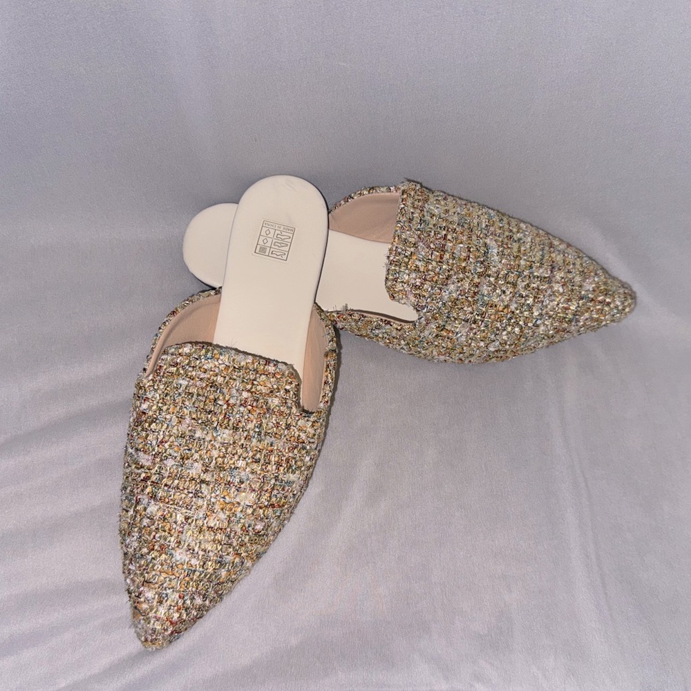 Elegant Cream and Tan Woven Mules